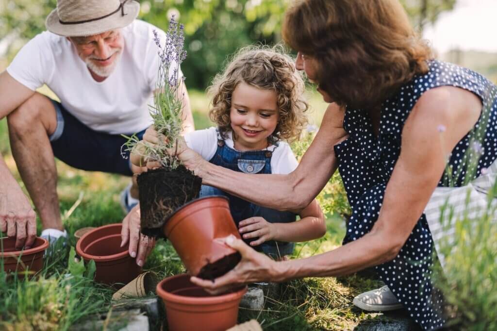 Machbarkeitsstudie Mehrgenerationenpark Höchst: Kind pflanzt Pflanzen mit Eltern
